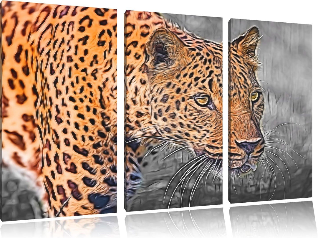 schleichender Leopard schwarz/weiss Deluxe 3-Teiler Leinwandbild 120x80 Bild auf Leinwand, XXL riesi