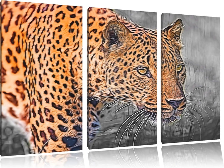 schleichender Leopard schwarz/weiss Deluxe 3-Teiler Leinwandbild 120x80 Bild auf Leinwand, XXL riesi