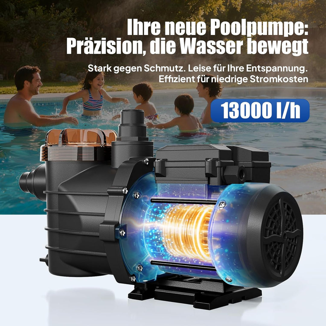 LEADZM Poolpumpe 13000 l/h, energieeffiziente Filterpumpe (550 W) für Pools bis 37.000 l, Förderhöhe