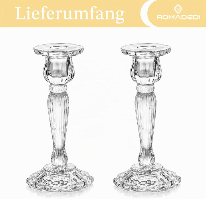 Romadedi Kristall Kerzenständer Stabkerzen Hoch - Set of 2 Kerzenhalter Glas Elegant für Stabkerze K