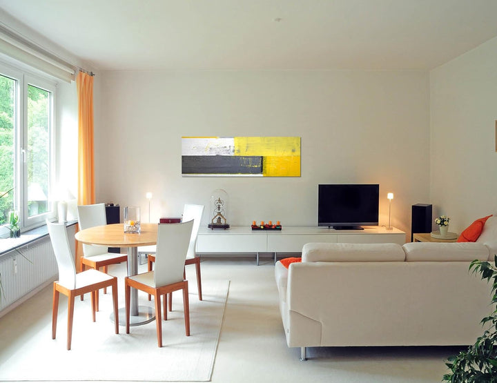 Paul Sinus Art Panoramabild auf Leinwand und Keilrahmen 150x50cm Kunstmalerei abstrakt gelb grau