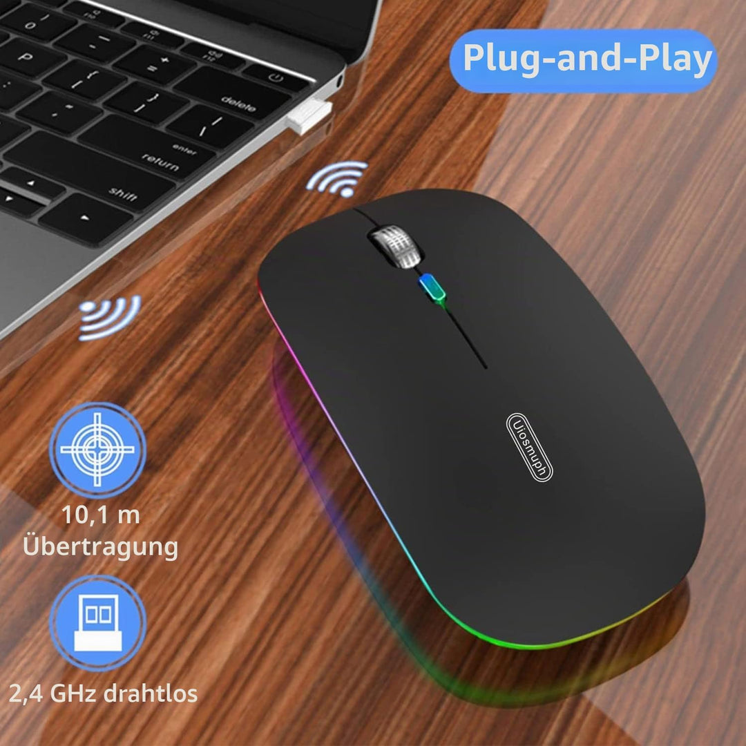 Uiosmuph G12 Maus Kabellos, LED 2.4G Leise Funkmaus Wiederaufladbar Wireless Mousemit Nano USB Empfä