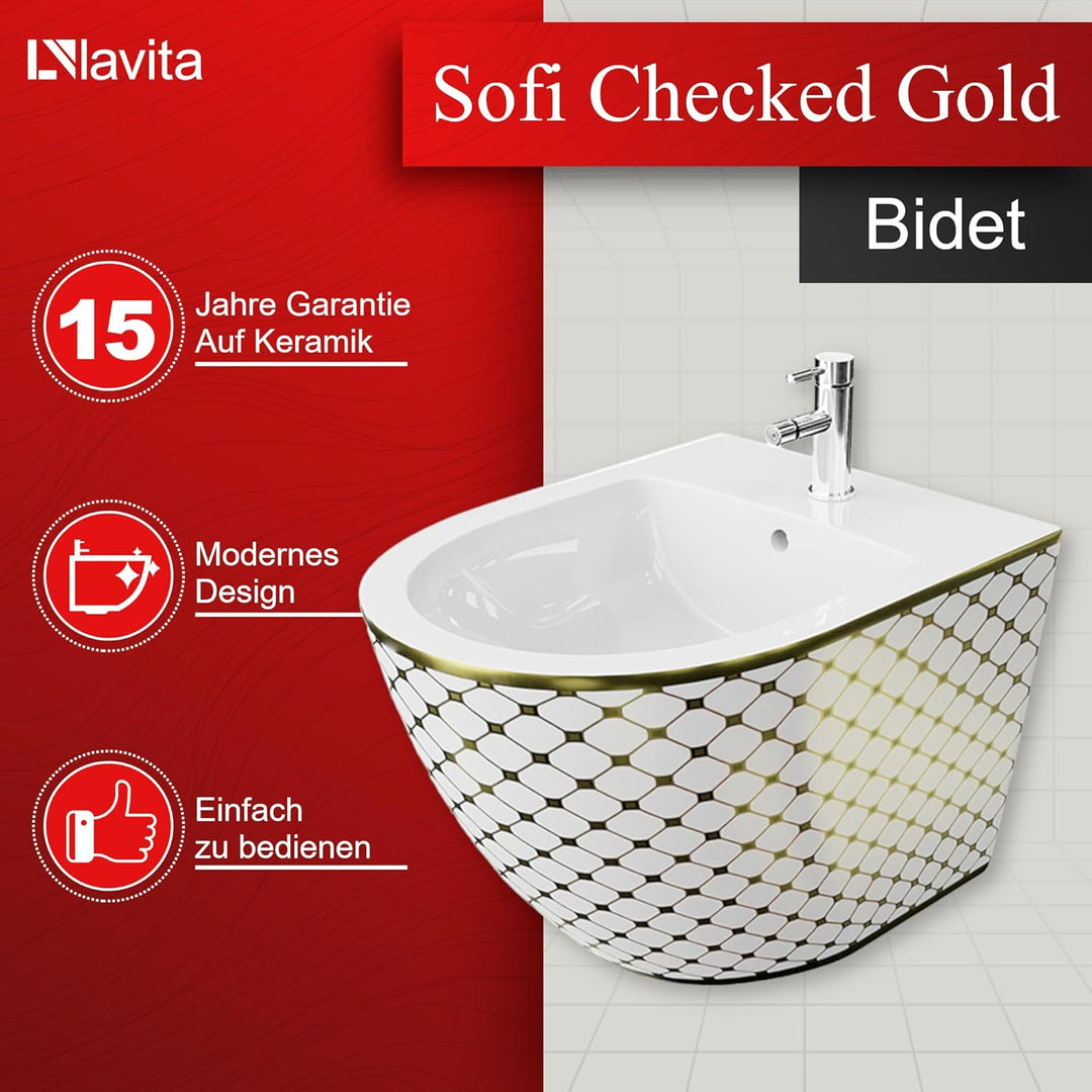 LAVITA Universal Wand-Bidet Sofi Checked Gold mit Hahnloch und Überlaufschutz aus Keramik Sitzwaschb