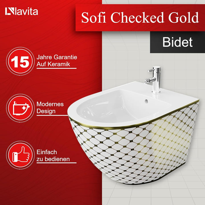 LAVITA Universal Wand-Bidet Sofi Checked Gold mit Hahnloch und Überlaufschutz aus Keramik Sitzwaschb