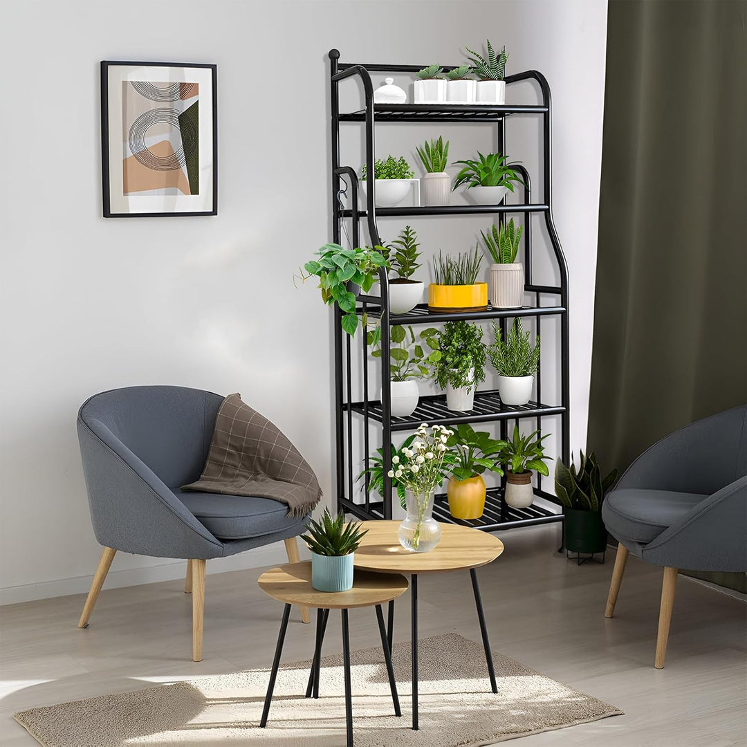 CXRYLZ-FUR Blumenregal Metall, 5 Tire Schwarz Pflanzenständer mit 10 Haken, Pflanzenregal Blumenstän