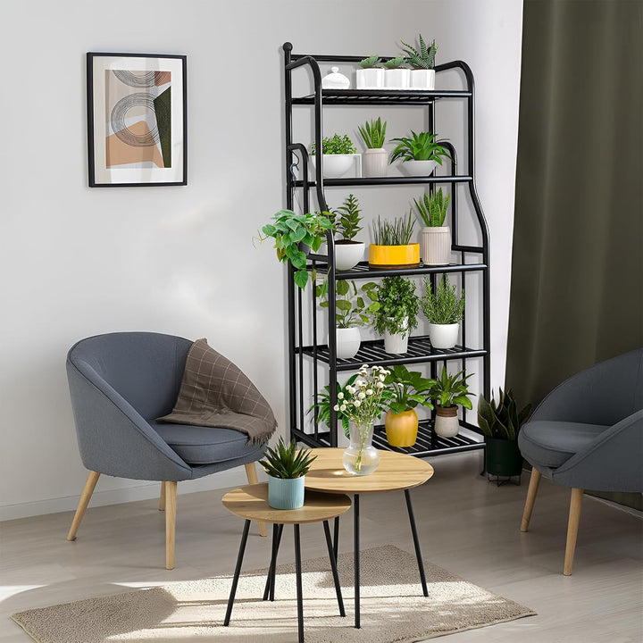 CXRYLZ-FUR Blumenregal Metall, 5 Tire Schwarz Pflanzenständer mit 10 Haken, Pflanzenregal Blumenstän