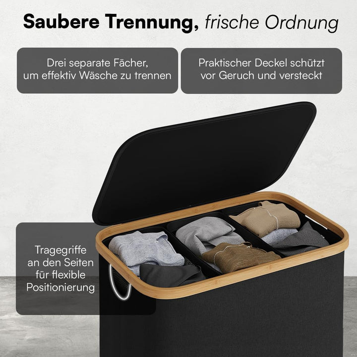 Bellamio Tolt Wäschekorb 3 Fächer schwarz – Wäschesammler 150 L mit Deckel – Wäschesammelbox aus Oxf