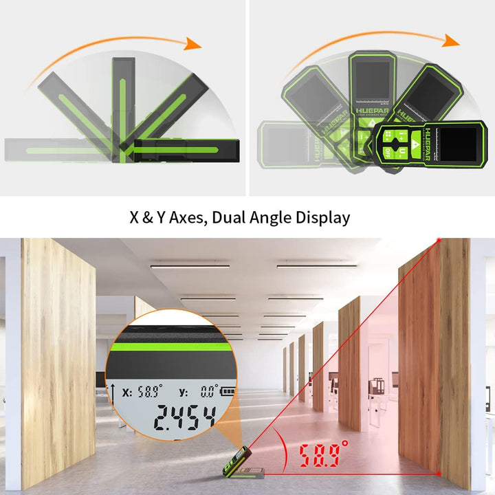 Huepar Laserdistometer 393Ft(120M) mit wiederaufladbaren Akku und Doppelwinkel–Display, Lasermessung