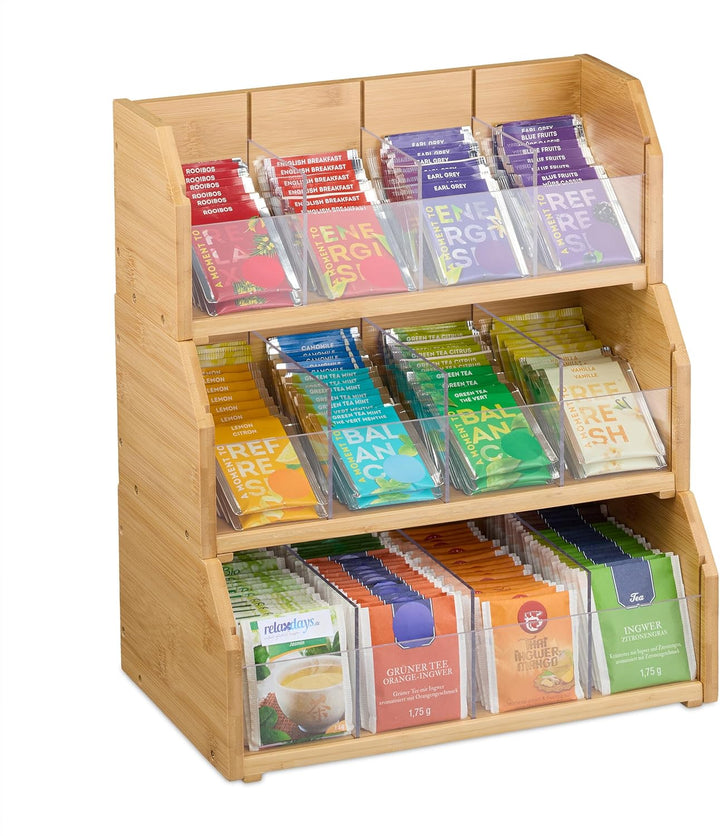 Relaxdays Tee Organizer, 12 Fächer, Bambus, HBT: 36x31x19 cm, Tee & Kaffeepads, Teebeutelbehälter mi