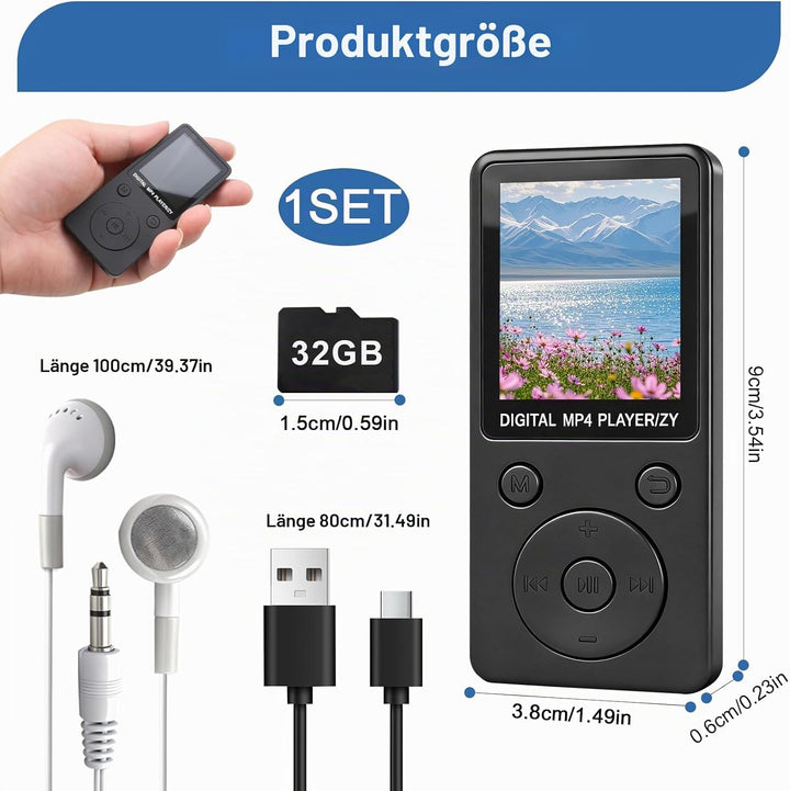 MP3 Player Bluetooth 5.0 32GB mit Lautsprecher, 70 Std Musikplayer Verlustfreier Sound, 1,8 Zoll TFT