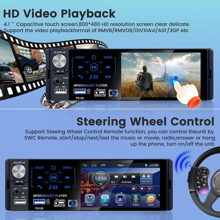 RDS Autoradio 1 Din Bluetooth Freisprecheinrichtung Autoradio mit 4.1 Zoll Bildschirm 1 Din Auto Rad