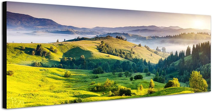 Paul Sinus Art Panoramabild auf Leinwand und Keilrahmen 150x50cm Ukraine Wiesen Hügel Wald Morgenlic