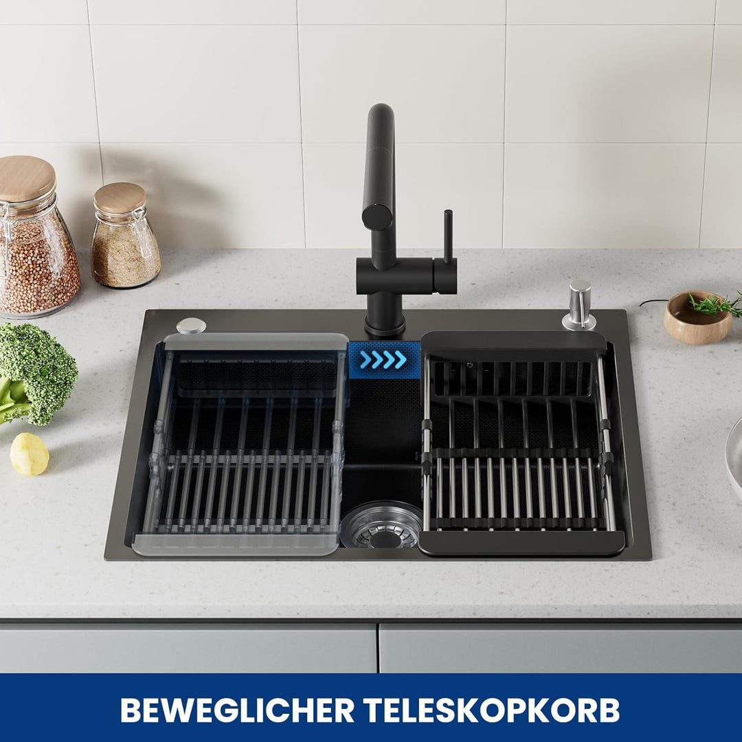 CECIPA Spülbecken Schwarz(Anthrazit) 60×49 cm, Edelstahl Waschbecken Küche mit Siphon und Überlauf,