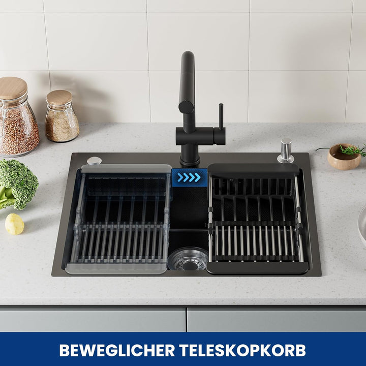 CECIPA Spülbecken Schwarz(Anthrazit) 60×49 cm, Edelstahl Waschbecken Küche mit Siphon und Überlauf,