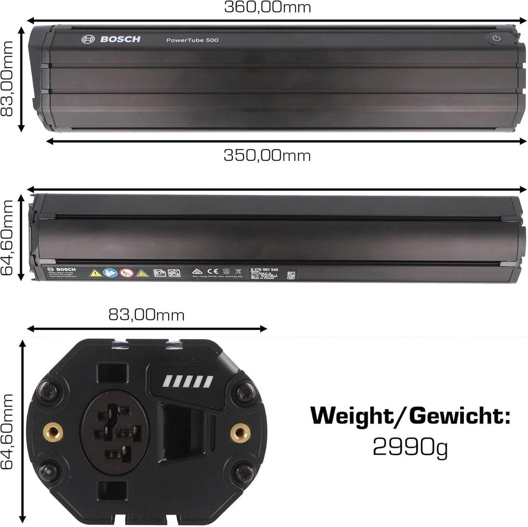 Bosch PowerTube Vertikal inklusive Gefahrgutkarton und Bedienungsanleitung Integrierbarer Akku, Schw