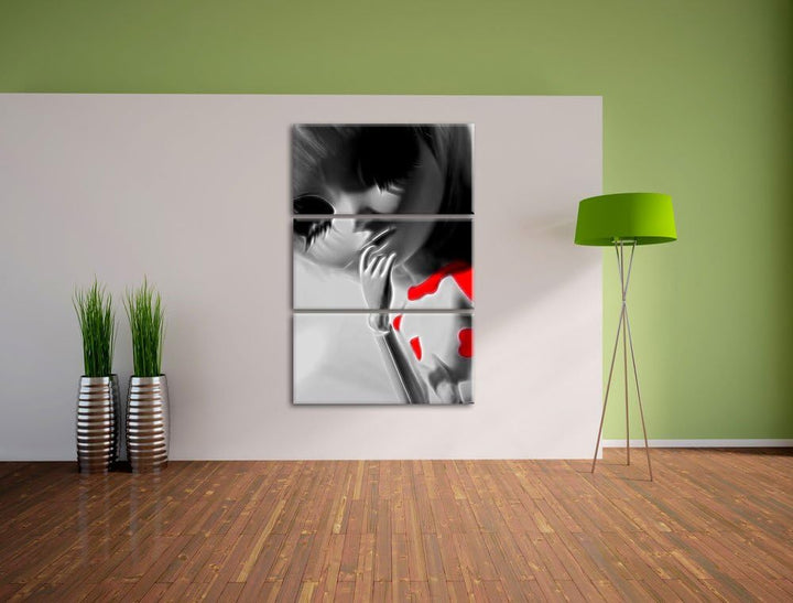 hübsches Pullip-Püppchen mit sehr langen Wimpern schwarz/weiss Spezial 3-Teiler Leinwandbild 120x80