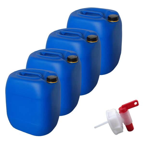 kanister-vertrieb® 4 Stück 30 L Kanister Wasserkanister Kunststoffkanister blau DIN61 + 1 Auslaufhah