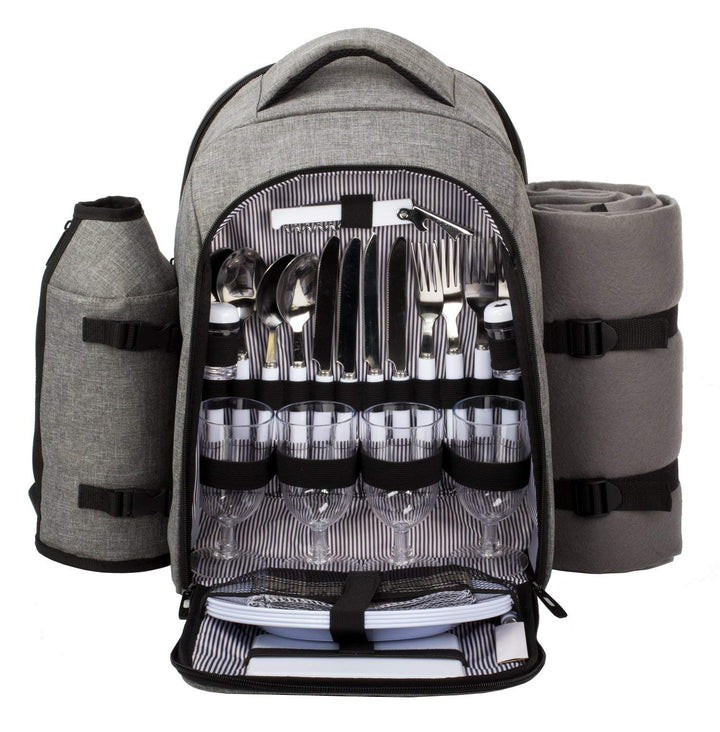 Hap Tim Picknickrucksack 4 Personen Picknickset mit Kühlfach, abnehmbarem Flaschen-/Weinhalter, Flee