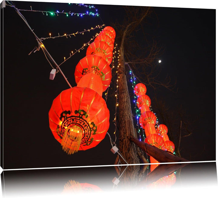 Dark traditionelle chinesische Lampions Leinwand, XXL riesige Bilder fertig gerahmt mit Keilrahmen,