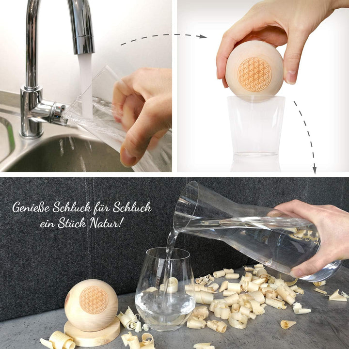 ORIGINAL ZirbenKugel Set „Blume des Lebens“ • 1 Liter Glaskaraffe Spiegelau mit natürlich duftender