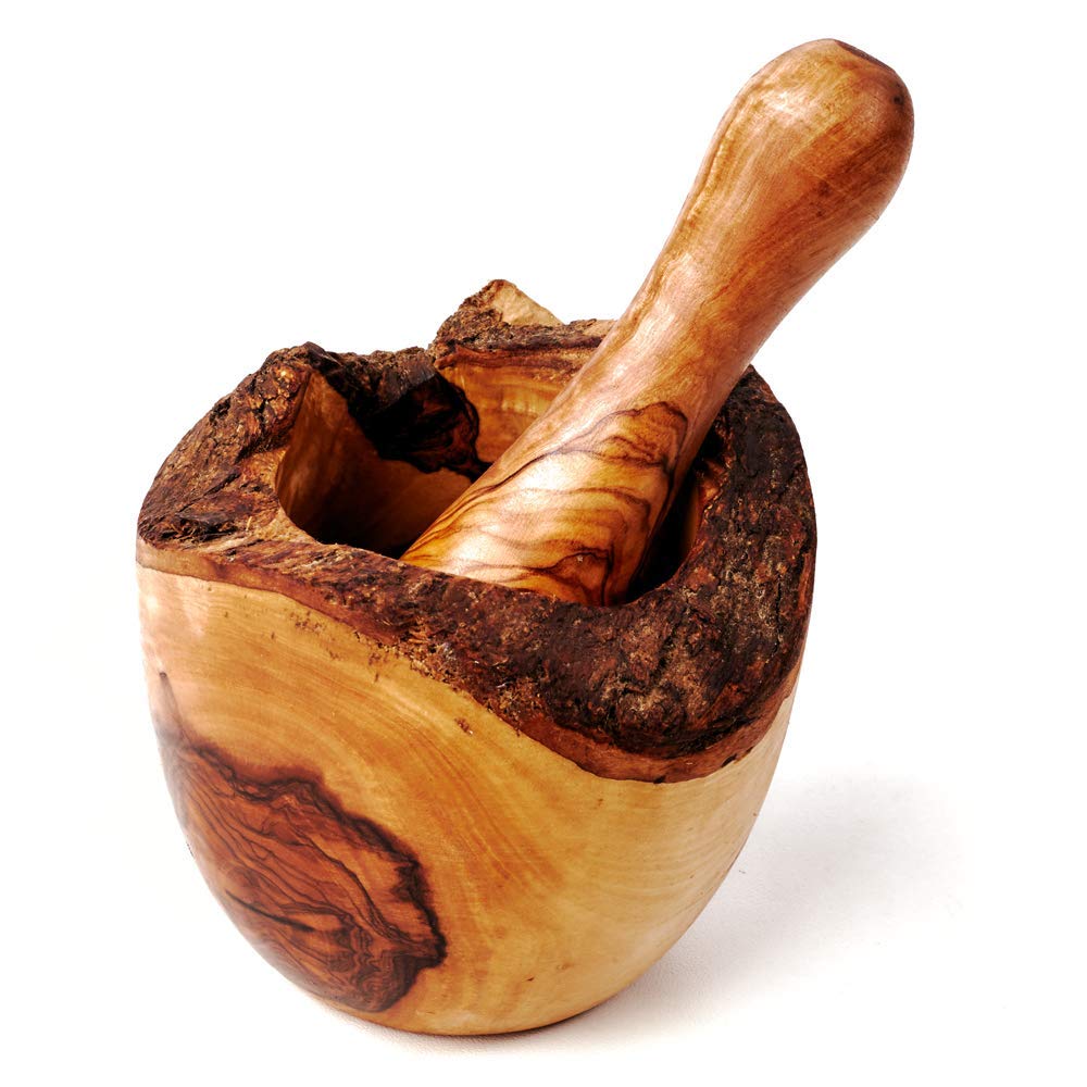 Mörser und Stössel aus Holz, Olivenholz, naturbelassener Rand (ca. 16cm Durchmesser), ca. 16cm Durch