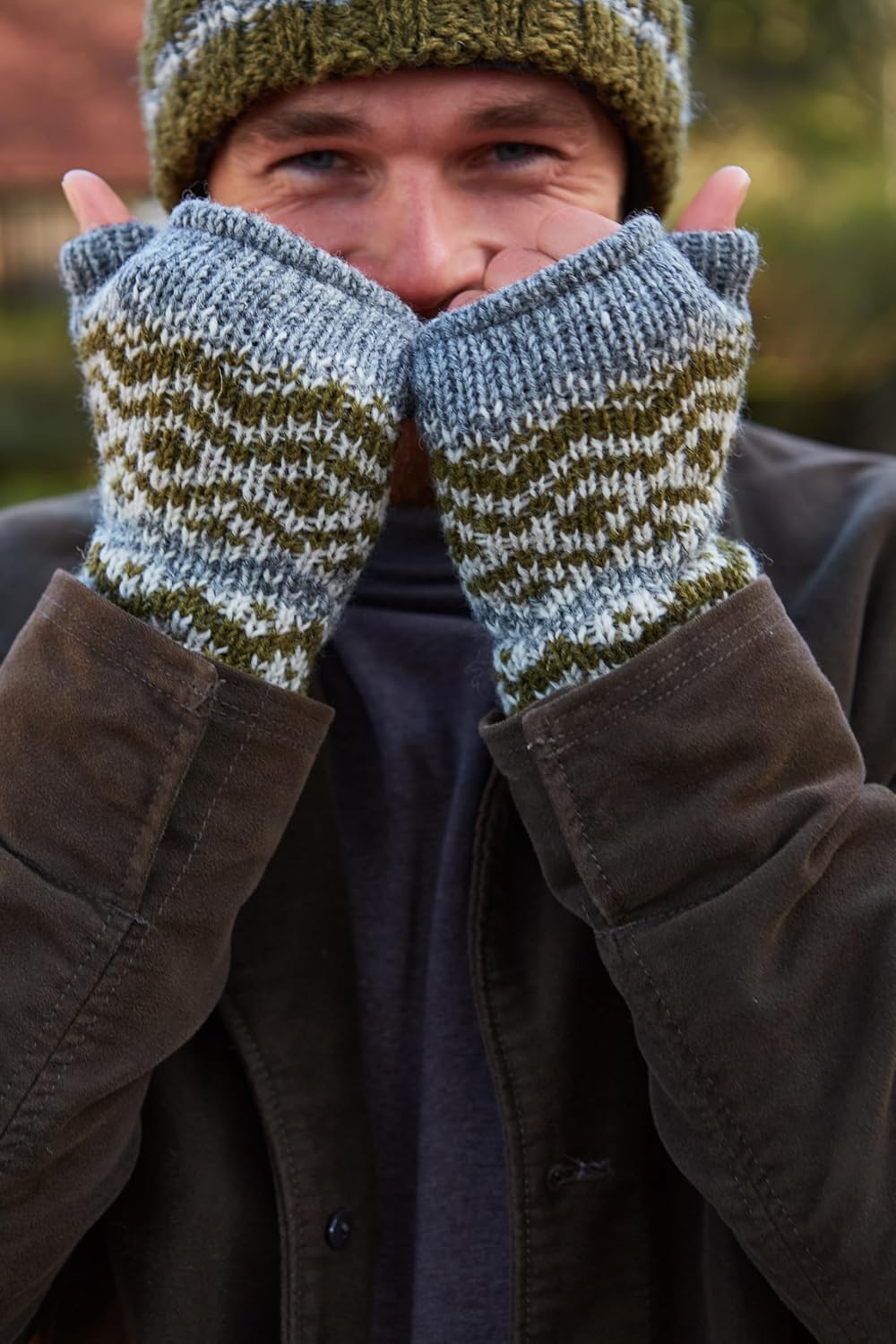 Pachamama Herren-Handwärmer aus Wolle, mit Fleece gefüttert, handgestrickt, Fairisle, Einheitsgrösse