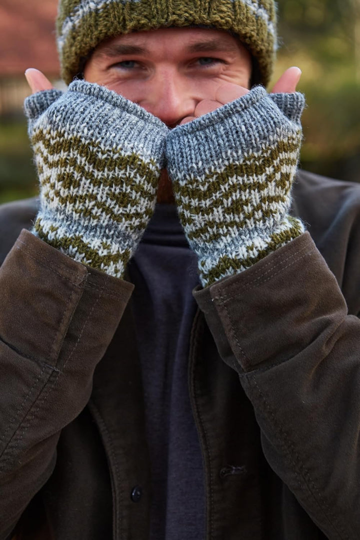 Pachamama Herren-Handwärmer aus Wolle, mit Fleece gefüttert, handgestrickt, Fairisle, Einheitsgrösse