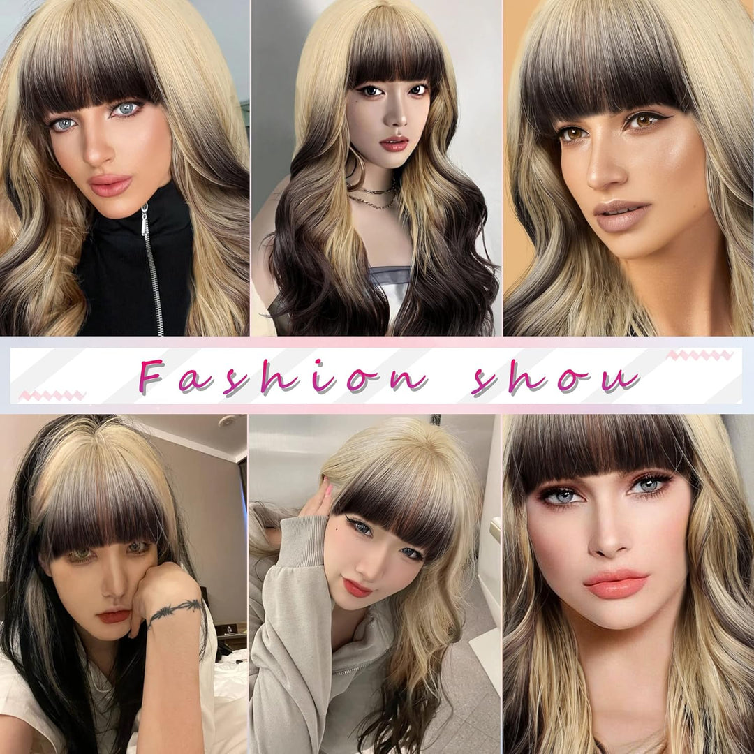 FAELBATY Perücke mit langen Locken blond Perücke mit Pony Ombre blond bis braun Perücke mit langen L