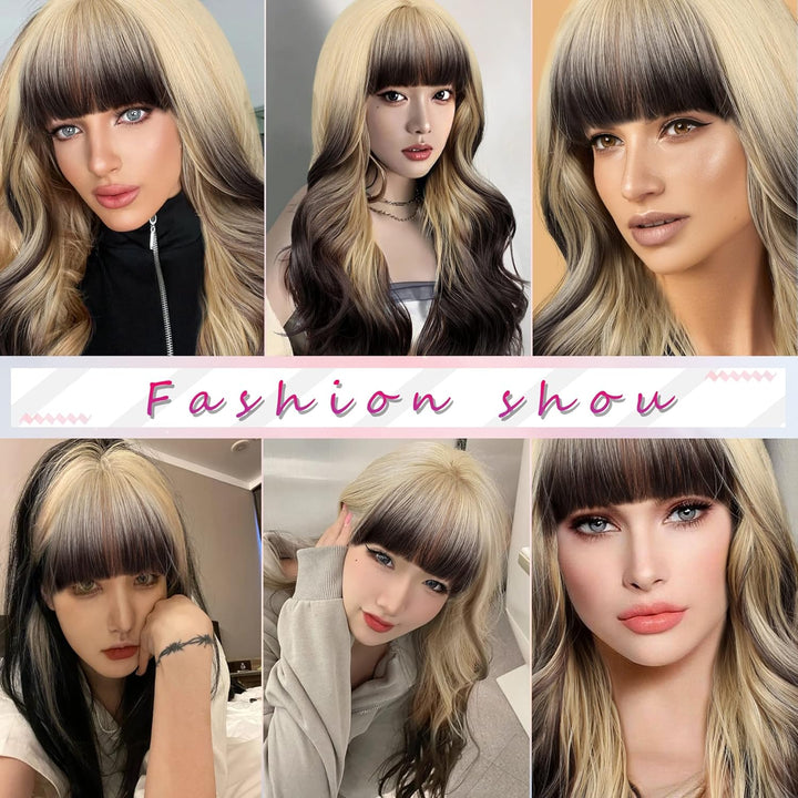 FAELBATY Perücke mit langen Locken blond Perücke mit Pony Ombre blond bis braun Perücke mit langen L