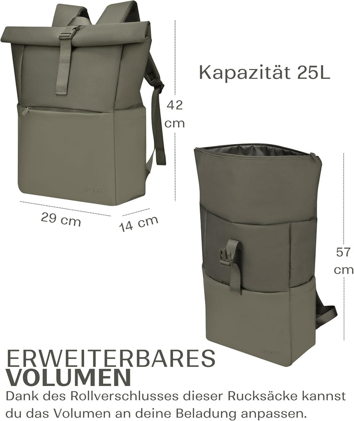 SVOLTA Rolltop Rucksack Damen und Herren - Reiserucksack 25L Wasserabweisend - Stylische Laptop Ruck