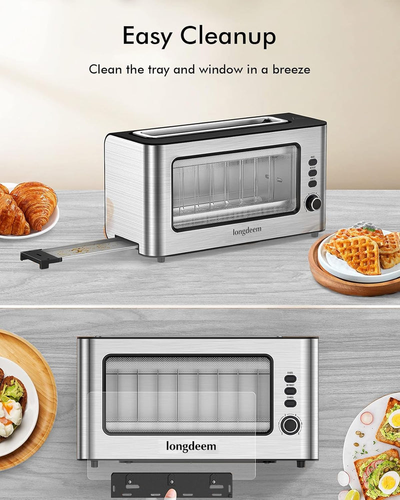 LONGDEEM 2 Slice Toaster 1.75" Extra Wide Slots, See-Through Window 6-Shade Settings & Reheat/Defros