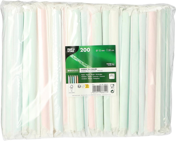 Papstar Bubble Tea Halme, Papier Ø 12 mm, 20 cm farbig sortiert einzeln gehüllt, einseitig spitz 888