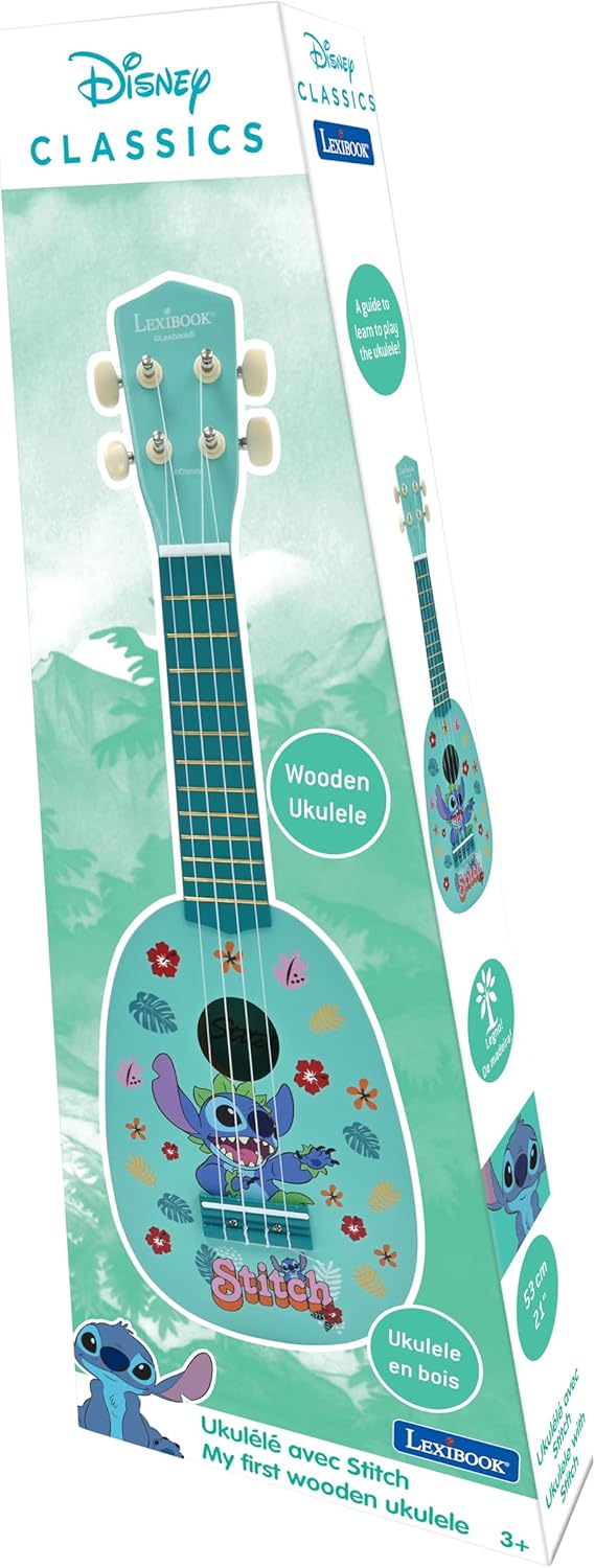 Lexibook, Disney Stitch, Meine erste Holz-Ukulele, 4 Nylonsaiten, 53 cm, inklusive Anleitung, Blau,