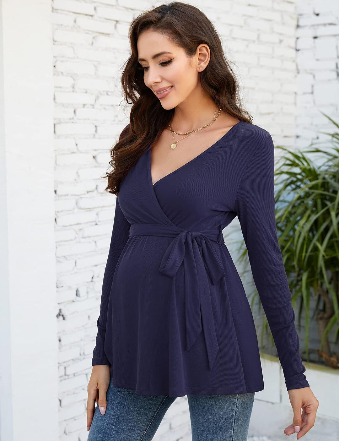 KOJOOIN Damen Stillshirt Schwangerschaftsshirt V-Ausschnitt Umstandsshirt Langarm Nursing Tops mit G