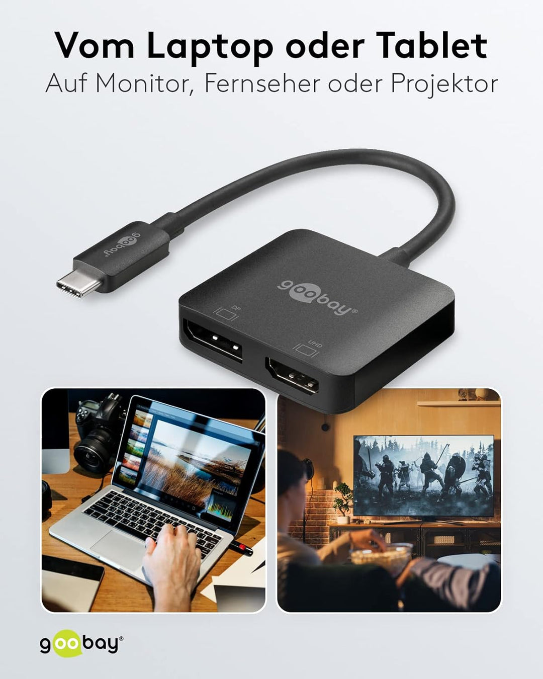 Goobay 60172 Adapter USB-C auf HDMI & DisplayPort für die Erweiterung auf 2 Monitore gleichzeitig/Mu