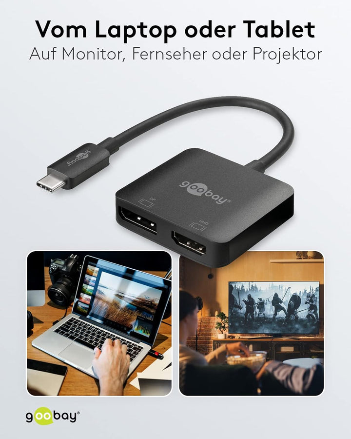Goobay 60172 Adapter USB-C auf HDMI & DisplayPort für die Erweiterung auf 2 Monitore gleichzeitig/Mu