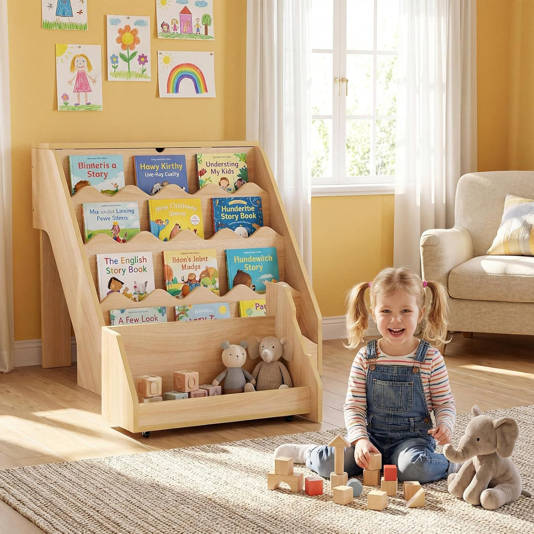 COSTWAY 4 stufiges Kinder Bücherregal, Kinderregal mit aufklappbaren Fach & Schublade auf Rollen, Sp