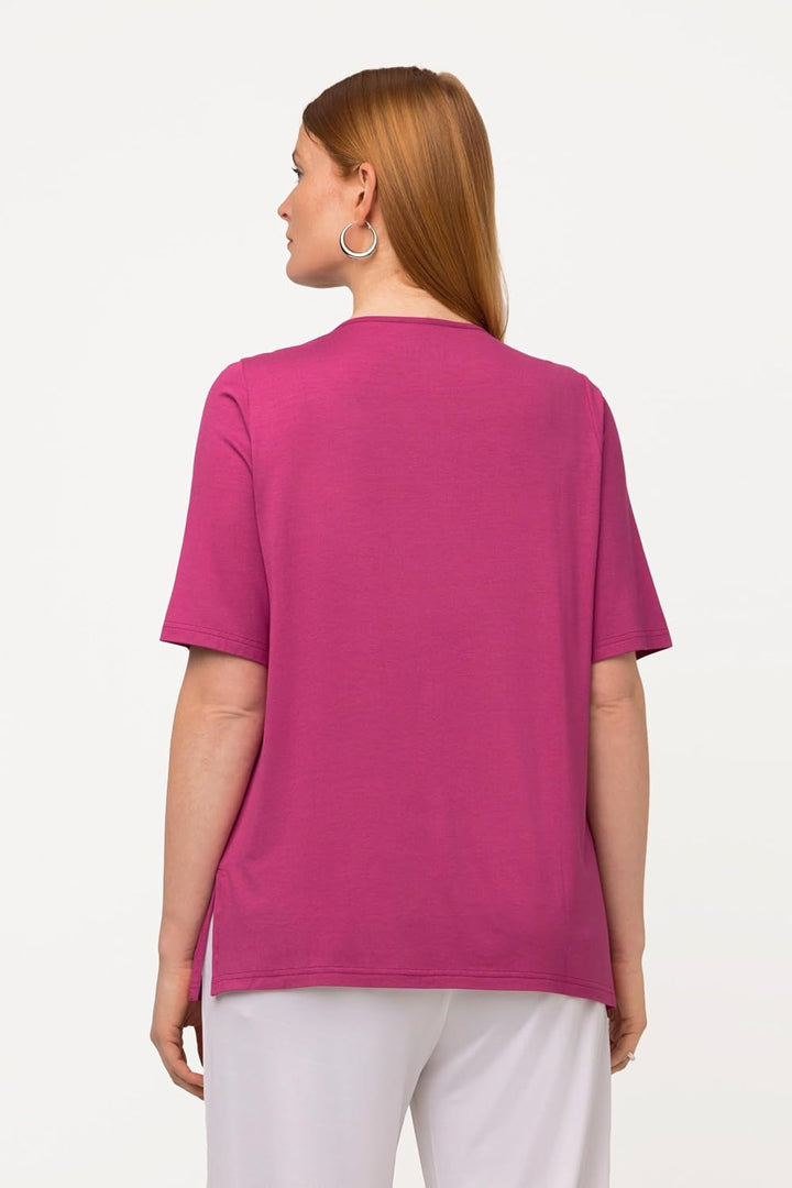 Ulla Popken Damen T-Shirt, vorne doppellagig, V-Ausschnitt, Halbarm 42-44 Fuchsia Pink, 42-44 Fuchsi