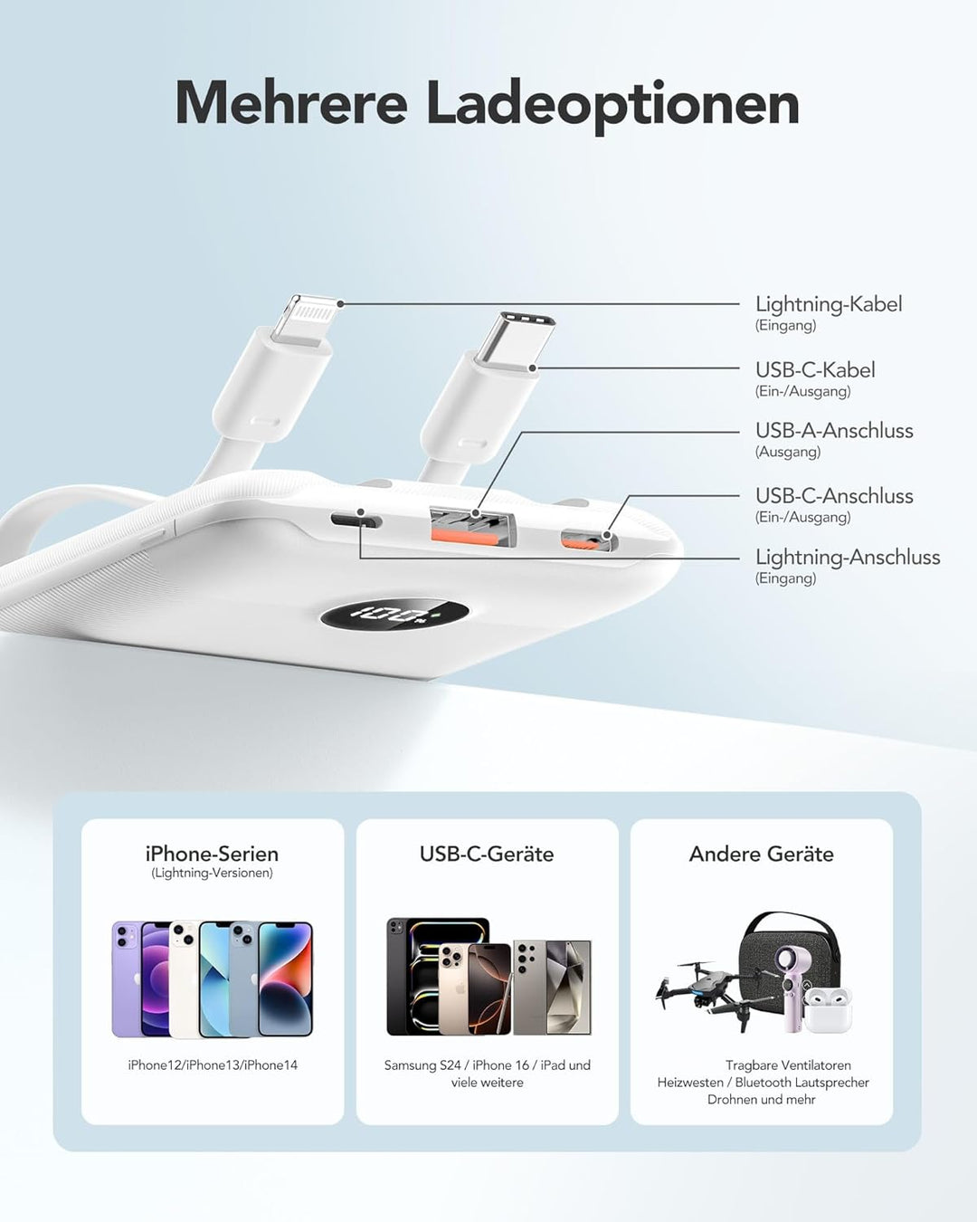 Power Bank 10000mAh Powerbank Klein Mini Powerbank mit integrierten Kabeln USB C Externe Handyakkus
