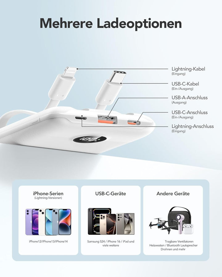 Power Bank 10000mAh Powerbank Klein Mini Powerbank mit integrierten Kabeln USB C Externe Handyakkus