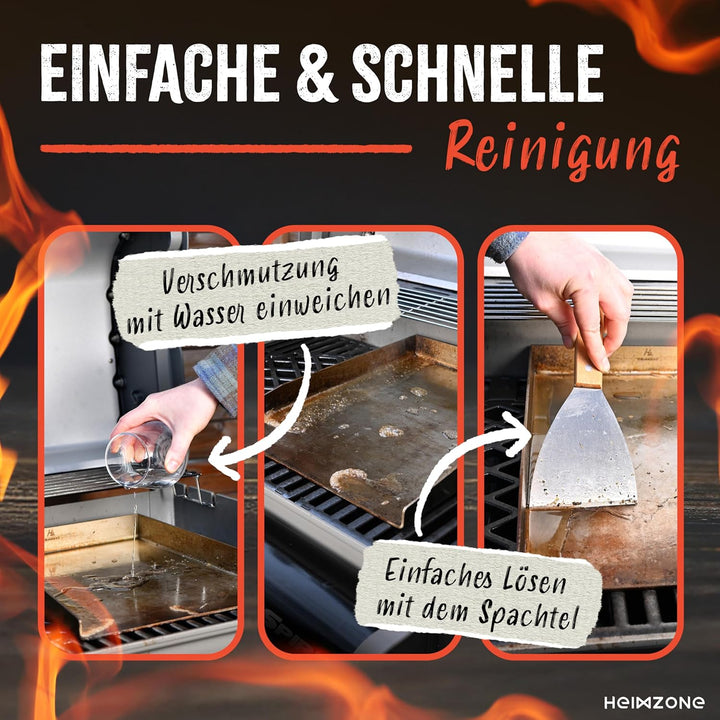 HEIMZONE® Plancha Grillplatte 40x30cm [NEUE VARIANTE 2026] - Edelstahl-Platte mit auslaufsicheren Ec