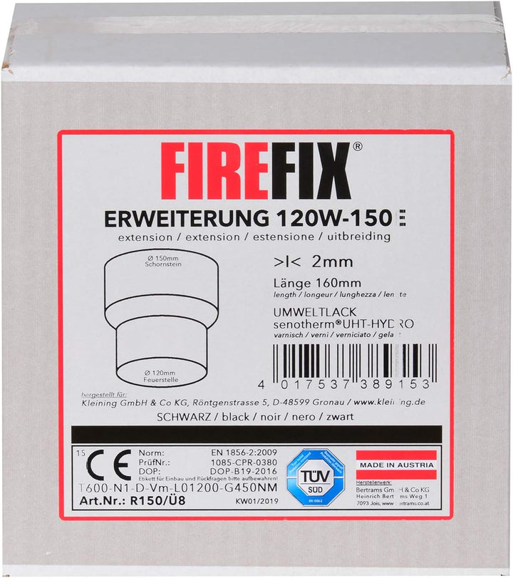 FIREFIX R150/Ü8 Übergangsstück (Erweiterung) für 2 mm Starke Rauchrohre, schwarz lackiert, von 120 m