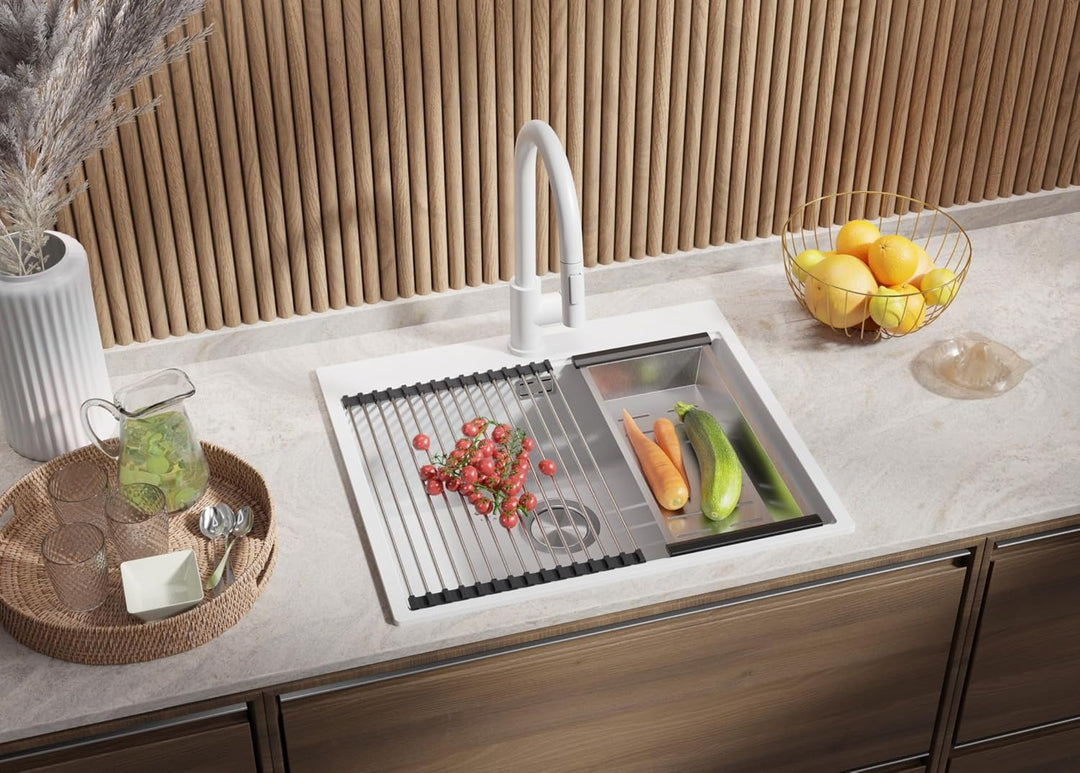 PRIMAGRAN Granitspüle Weiss 58x50cm, Spülbecken 1 Becken + Ablauf-Set + Küchenarmatur 32x20cm, Küche