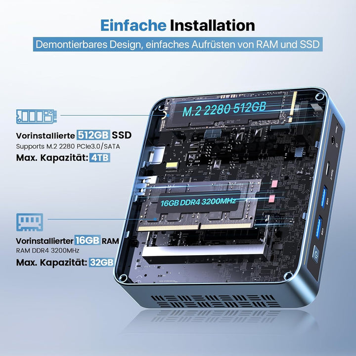 PELADN WI-6 Mini PC, 12th Gen N100 (bis zu 3,4 GHz), 16 GB DDR4 RAM, 512 GB M.2 SSD, 4K Dual Display