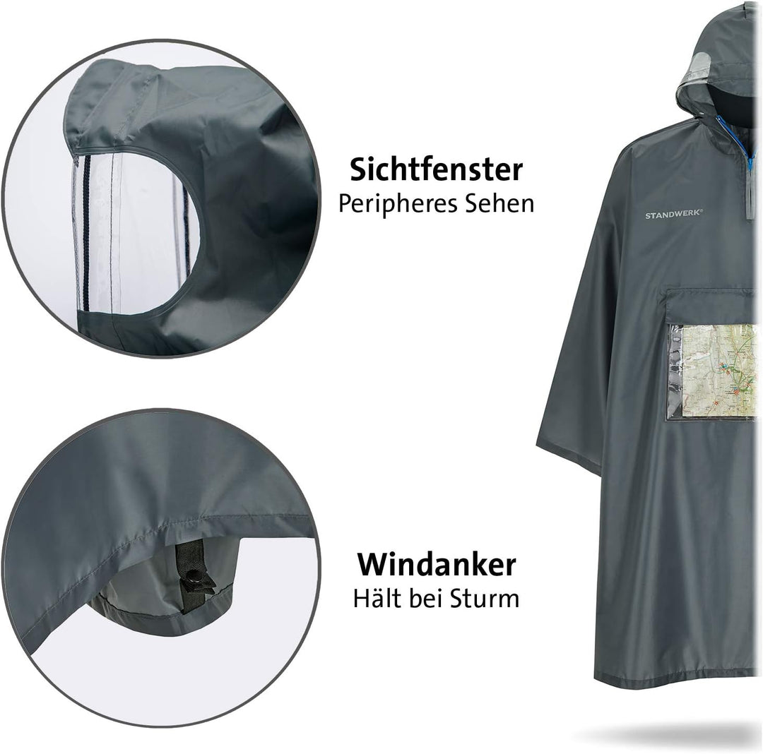 STANDWERK Regenponcho mit einzigartiger Navigationstasche und Sichtfenster fürs Wandern - Regencape
