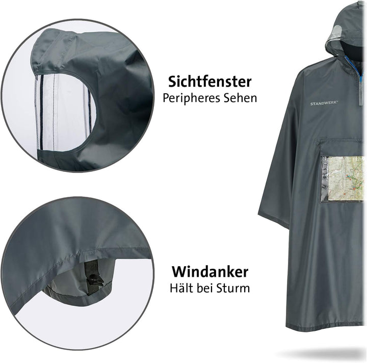 STANDWERK Regenponcho mit einzigartiger Navigationstasche und Sichtfenster fürs Wandern - Regencape