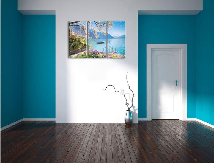 Pixxprint Genfer See im Sonnenschein als Leinwandbild/Grösse: 3 Teilig (120x80 cm) cm/Wandbild/Kunst