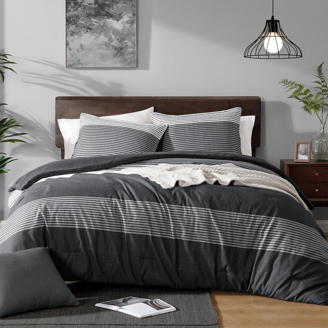 Andency Bettwäsche-Set in voller Grösse, 3-teilig, schwarz-weiss-grau, Patchwork-Streifen-Bettdecke