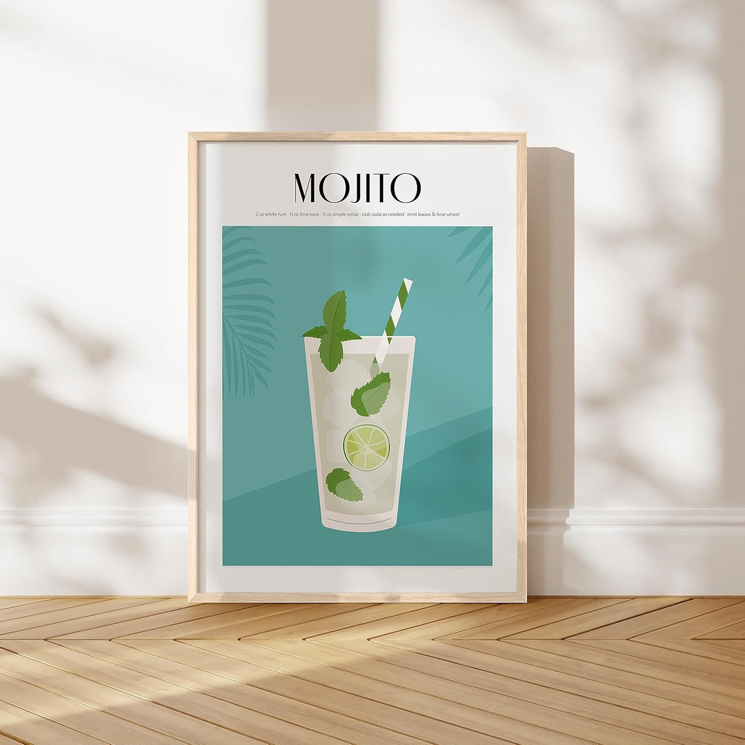 JUNOMI® Mojito Poster DIN A2, Cocktail, Longdrink, Bar, Getränke, Cocktail Set | mit Rahmen Natur DI