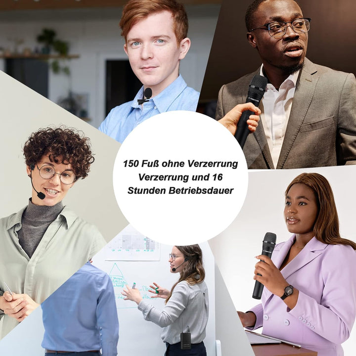 Phenyx Pro Wireless Mikrofon Set,VHF Kabellos Mikrofon System mit 1 Handheld+1 Headset+1 Lapel+1 Bod